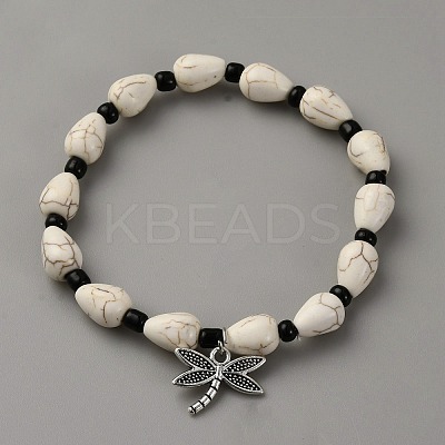 Alloy Charm Synthetic Turquoise Teardrop Beaded Stretch Anklets for Women AJEW-WH0596-282A-1