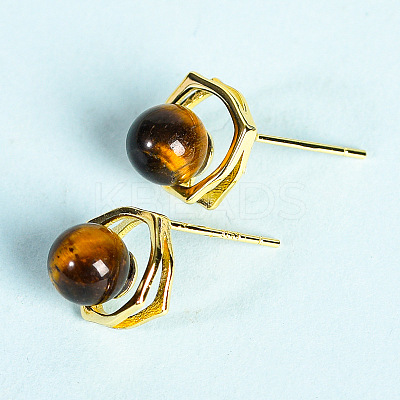 Natural Tiger Eye Studs Earrings PW-WG46384-09-1