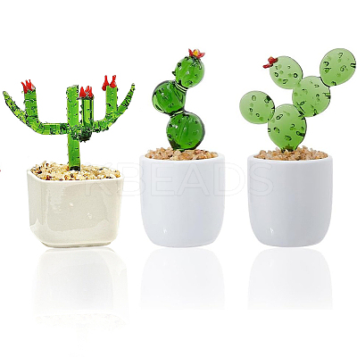 3Pcs 3 Styles Lampwork Cactus Display Decoration DJEW-DC0001-16B-1