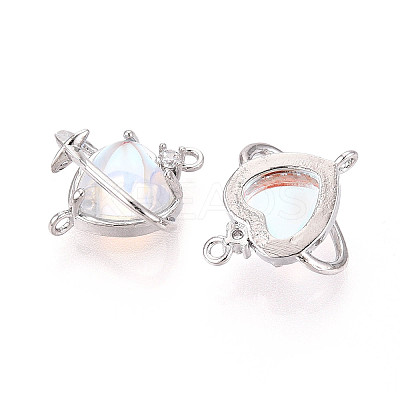 Brass Pave Clear AB Glass Cubic Zirconia Heart Planet with Star Connector Charms KK-N267-04G-1