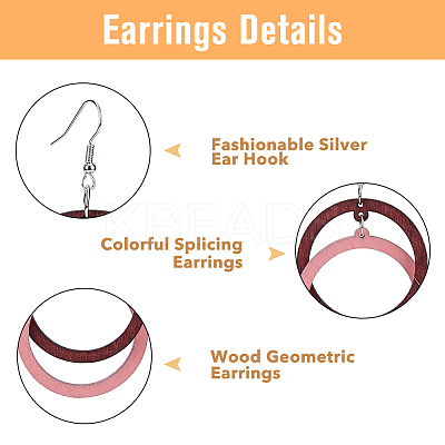 6 Pairs 6 Colors Wood Double Ring Dangle Earrings with Iron Pins for Women EJEW-FI0002-38-1