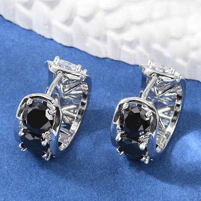 Brass Black Cubic Zirconia Hoop Earrings EJEW-Q016-11P-1