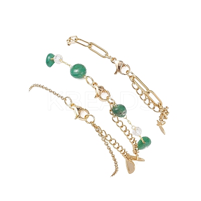 304 Stainless Steel Heart & Dyed Natural Green Agate Nuggets Link Chain 3 Layer Stackable Necklaces BJEW-JB12459-01-1