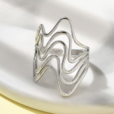 304 Stainless Steel Wave Open Cuff Ring for Women RJEW-M025-01P-1