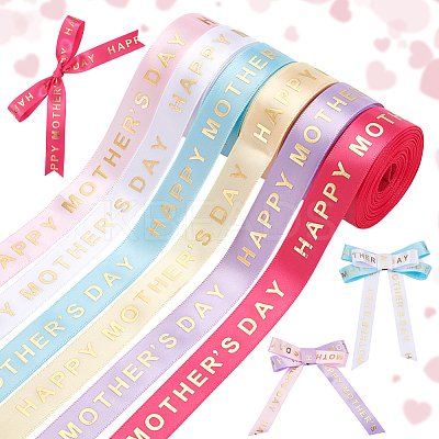 6 Rolls 6 Colors Gold Stamping Happy Mother's Day Polyester Printed Ribbons OCOR-PH0004-40-1