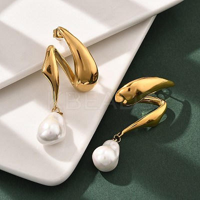304 Stainless Steel Shell Pearl Stud Earrings for Women EJEW-U051-07G-1