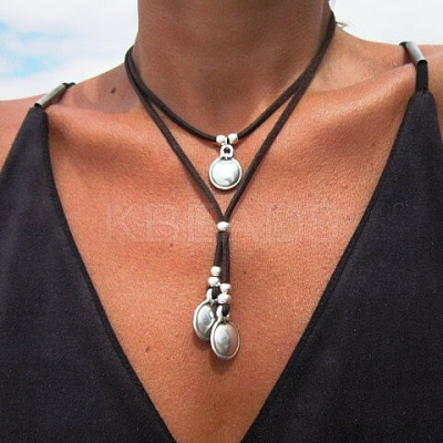 Oval with Flat Round Alloy with Imitation Leather Cord Pendant Necklaces FS-WGE6D6A-01-1