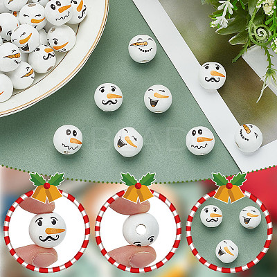 80Pcs 4 Styles Snowman Theme Printed Wood European Beads WOOD-PH0003-04A-1