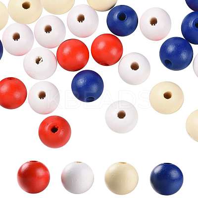 160 Pcs 4 Colors 4 July American Independence Day Painted Natural Wood Round Beads WOOD-LS0001-01C-1