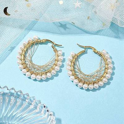 Copper Wire Wrapped Shell Pearl Hoop Earring EJEW-TA00486-1