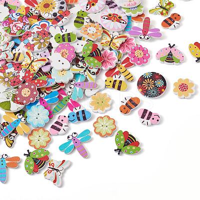 300Pcs 6 Style Painted Poplar Wood Buttons FIND-MP0001-08-1