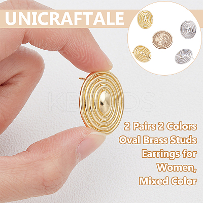 2 Pairs 2 Colors Oval Brass Studs Earrings for Women KK-UN0004-93-1