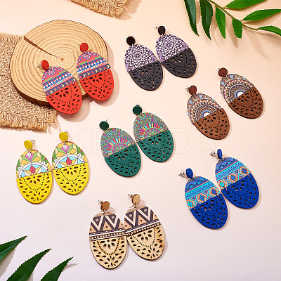 7 Pairs 7 Styles Wood Stud Earrings EJEW-TA0001-51-1