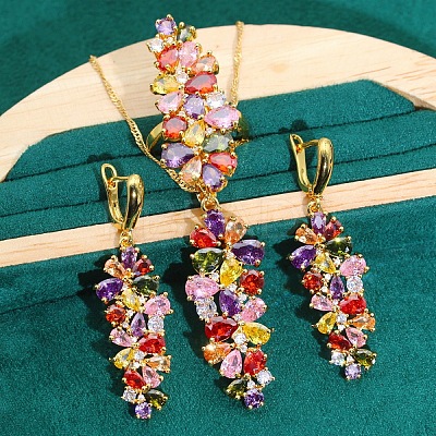 Leaf Brass Cubic Zirconia Pendant Necklaces & Hoop Earrings & Rings Sets FS-WGD46EA-01-1
