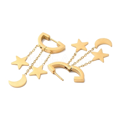Ion Plating(IP) 304 Stainless Steel Star & Moon Dangle Hoop Earrings EJEW-E286-11G-1