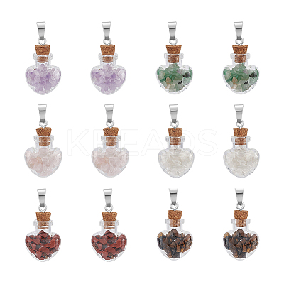 12Pcs 6 Styles Natural Mixed Gemstone Chip Heart Glass Bottle Pendants PALLOY-UN00001-1