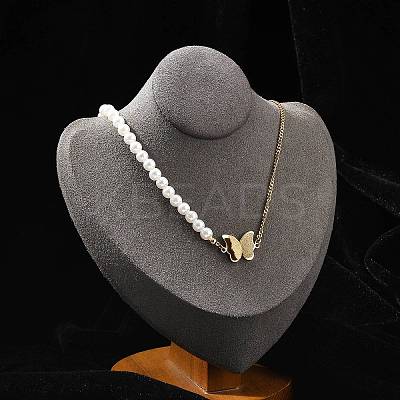 304 Stainless Steel & Plastic Pearl Butterfly Pendant Necklaces NJEW-U023-01G-1