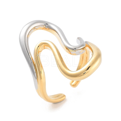 Brass Wave Open Cuff Ring for Women RJEW-C102-21GP-1