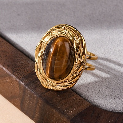 Oval Natural Tiger Eye Finger Rings RJEW-M063-01G-11-1