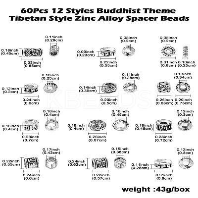 60Pcs 12 Styles Buddhist Theme Tibetan Style Zinc Alloy Spacer Beads FIND-CJ0002-20-1