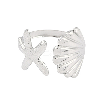 304 Stainless Steel Starfish & Shell Open Cuff Rings for Women RJEW-C095-09P-1