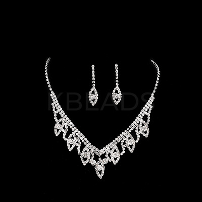 Leaf Brass Pave Clear Cubic Zirconia & Rhinestone Pendant Necklaces & Stud Earrings Sets FS-WG35E42-01-1