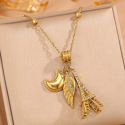 304 Stainless Steel Crystal Rhinestone Moon Wing Eiffel Tower Pendant Necklaces for Women WG97DE7-01-1