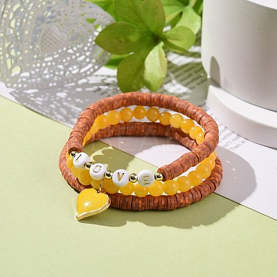 3Pcs 3 Style Natural Dyed Yellow Jade & Acrylic Word Love Beaded Stretch Bracelets Set with Alloy Enamel Heart Charms BJEW-JB08924-03-1