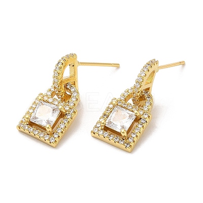 Rack Plating Brass Padlock Dangle Stud Earrings with Cubic Zirconia EJEW-D061-56G-1