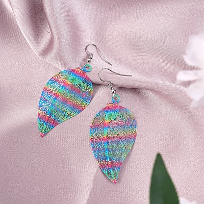 4 Pairs 4 Style Spray Painted Stainless Steel Holllow Leaf Dangle Earrings EJEW-SZ0001-35-1