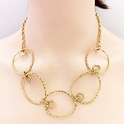 304 Stainless Steel Textured Ring Link Bib Necklaces for Women NJEW-L467-05G-1