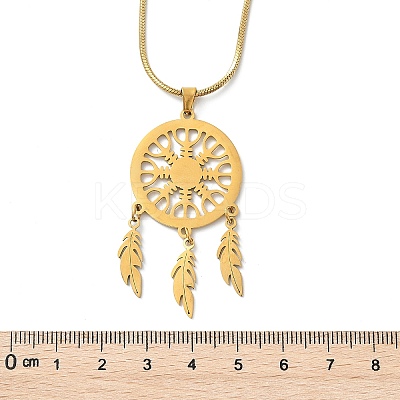 Bohemian 201 Stainless Steel Snowflake Woven Web/Net with Feather Pendant Necklaces NJEW-P327-07G-A-1