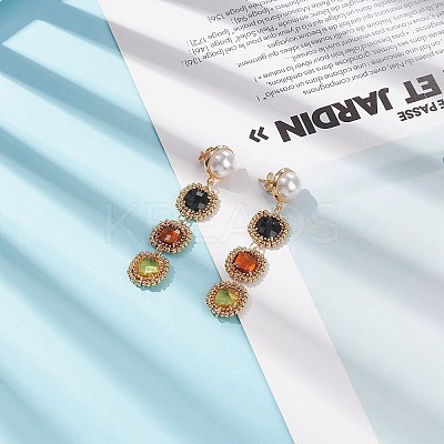 Glass Rectangle Beaded Long Dangle Stud Earrings with Imitation Pearl EJEW-TA00141-02-1