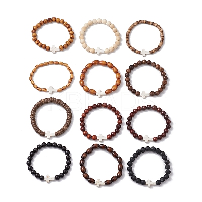 12Pcs Dyed Synthetic & Natural Gemstone and Natural Wood Beads Stretch Bracelet Set for Women Men BJEW-JB11564-1
