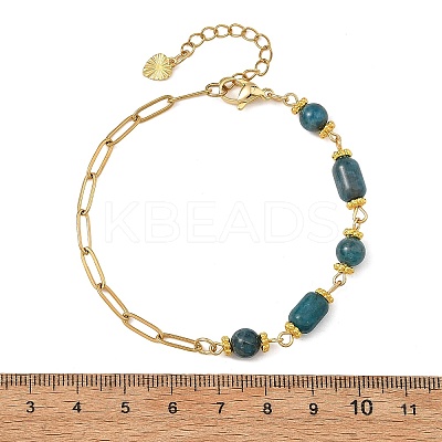 Natural Mixed Stone Round Column Beaded Chain Bracelets with 304 Stainless Steel Paperclip Chains BJEW-JB14298-1