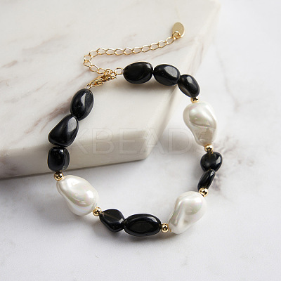 Natural Black Obsidian & Baroque Shell Pearl Beaded Bracelets BJEW-L692-005G-1