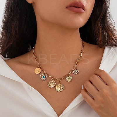 Alloy Enamel Heart Evil Eye & Iron & Rhinestone Pendant Bib Necklaces for Women FS-WG2E3D6-02-1