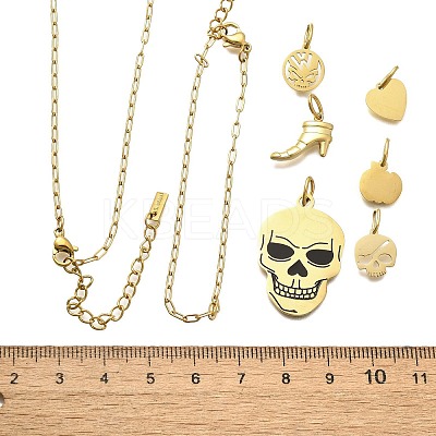 304 Stainless Steel Enamel Shoes Skull Heart Pumpkin Pendant & Necklaces & Bracelets Sets SJEW-Q002-01G-1