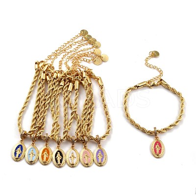 Alloy Enamel Oval with Virgin Mary Charm Bracelets BJEW-L652-19-G-1