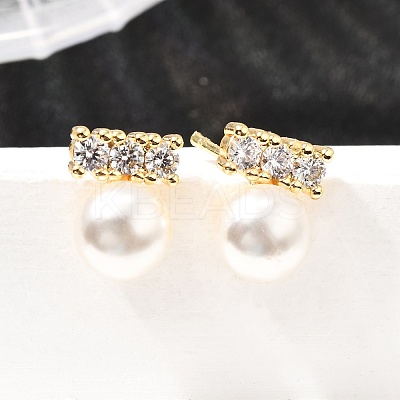 Round Brass Micro Pave Clear Cubic Zirconia Stud Earrings EJEW-A135-30G-1