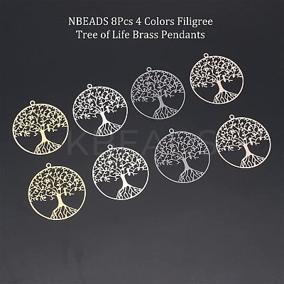 8Pcs 4 Colors Filigree Tree of Life Brass Pendants KK-NB0002-56-1