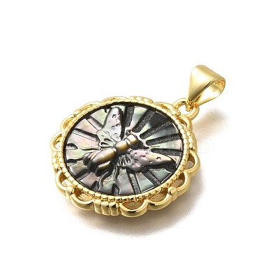 Brass with Natural Shell Carved Pendants KK-Z091-01G-01-1