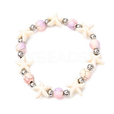 Starfish Synthetic Turquoise Beads & Brass Beads Stretch Bracelets BJEW-JB12417-01-1