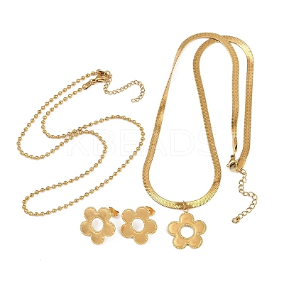 304 Stainless Steel Flower Pendant Necklaces & Ball Chain Necklaces & Stud Earrings Sets for Women SJEW-F225-04G-1