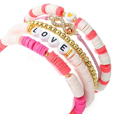 5Pcs 5 Style Polymer Clay Heishi & Word Love Beaded Stretch Bracelets Set BJEW-TA00297-1