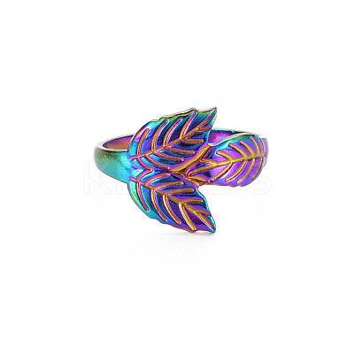 Rainbow Color 304 Stainless Steel Leaf Cuff Ring RJEW-N038-041M-1