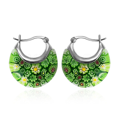 Flat Round 304 Stainless Steel Millefiori Glass Hoop Earrings FS-WG56358-03-1