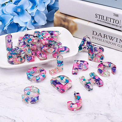 26Pcs 26 Letters Transparent Epoxy Resin Pendants CRES-TA0001-15-1
