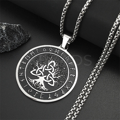 201 Stainless Steel Black Enamel Rune Tree of Life Pendant Necklaces for Men LS-NJEW-K283-27P-1