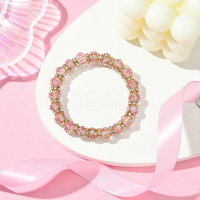 Faceted Rondelle Handmade Inner Flower Gold Sand Lampwork & Iron Beaded Stretch Bracelets for Women BJEW-SW001579-05-1